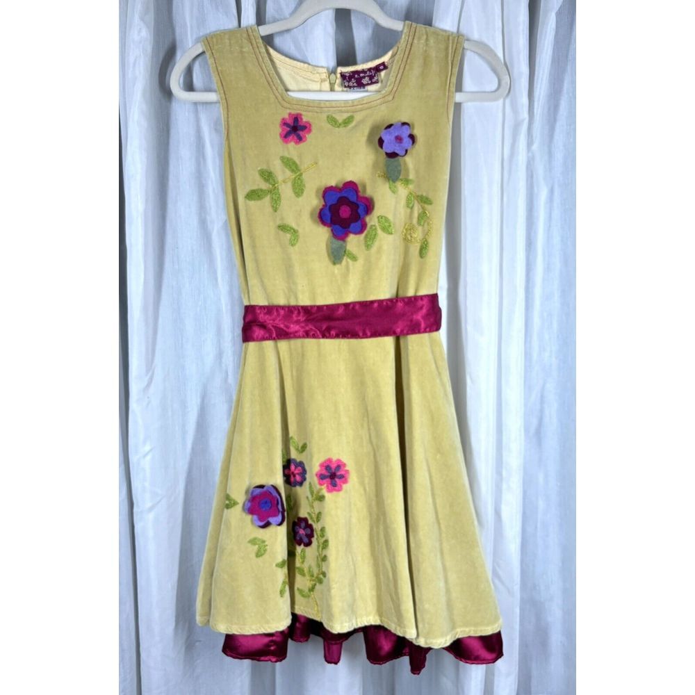 BOUTIQUE MELI MELI Girls 10 Citrine Floral DRESS Velvet 3D Layeredโ Hem Cottage